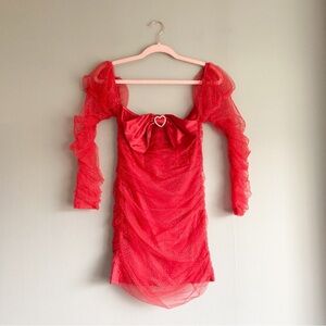 NWT Dolls Kill Cupid Red Mesh Sparkle Rhinestone Heart Bow Dollcore Dress